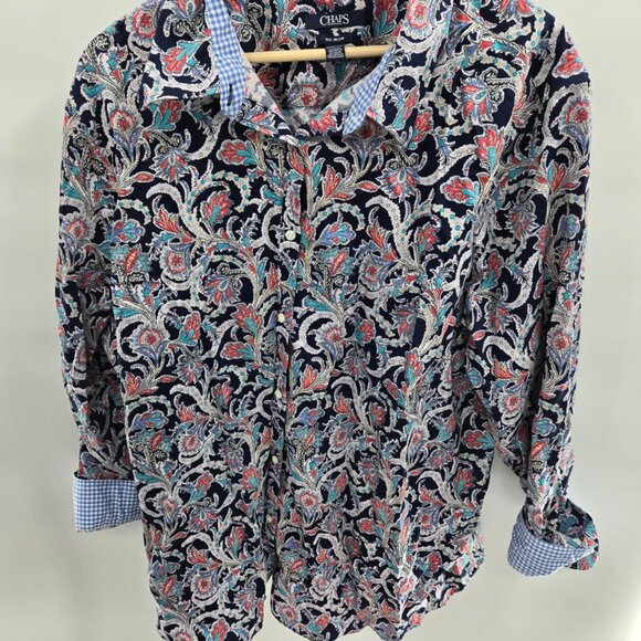 Chaps No Iron Navy Paisley Gingham 100% Cotton Button Down Long Sleeved Shirt 3x - Picture 1 of 12